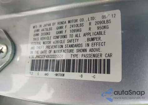 2012 Acura Tsx 2.4 from USA, damaged, VIN JH4CU2F4XCC025531